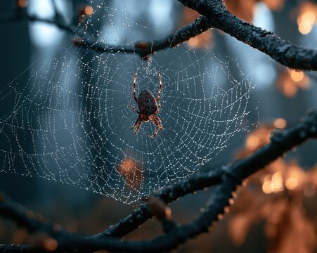 Close-up of a spider on a dew-covered web hanging from a tree branch in autumn