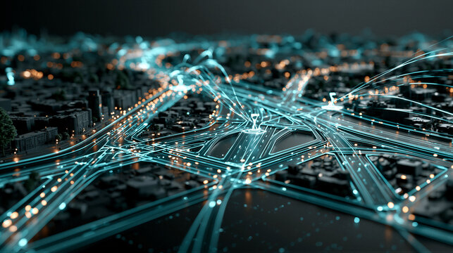 Floating holographic 3D city map with glowing cyan road networks and vehicle light trails, set against a dark digital void with neon lighting, ideal for autonomous driving technology web design.