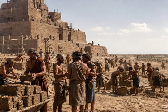 Men building the Tower of Babel from mud bricks in an ancient desert city. Biblical story of human ambition, cooperation, labor, and divine judgment.