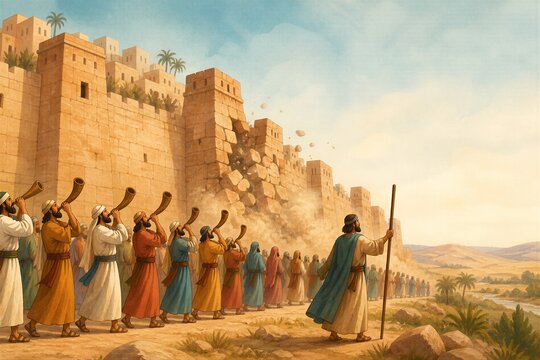 Biblical illustration of Joshua leading men with trumpets around Jericho as its walls collapse. Old Testament story about faith, obedience, miracle, victory, and divine power.