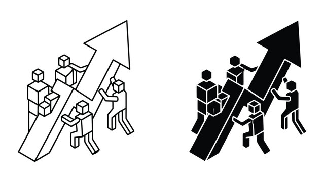 Business team pushing upward growth arrow isometric illustration with business