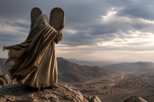 Moses holding the Ten Commandments on Mount Sinai beneath a dramatic sky. Biblical story of divine law, faith, leadership, covenant, and spiritual revelation.