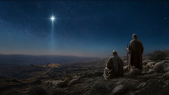 Biblical shepherds watching the Bethlehem star above a distant village at night with sheep. Christmas nativity scene inspired by the Gospel story, spiritual hope and copy space.