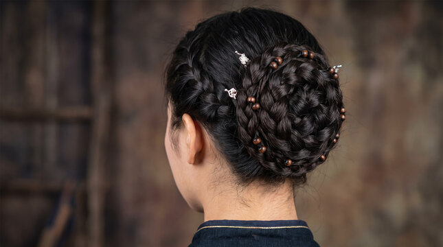 Intricate Traditional Braided Spiral Chignon Updo Decorated with Wooden Beads and Pins