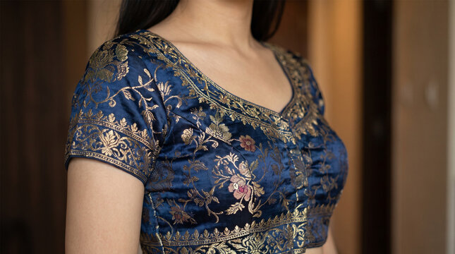 Royal Navy Blue Silk Indian Saree Blouse with Intricate Golden Zari Embroidery