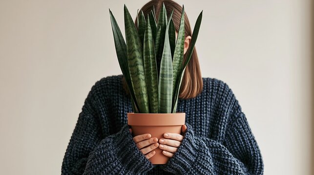 Woman holding a tall green snake plant in a terra cotta pot, partially obscuring her face, cozy sweater