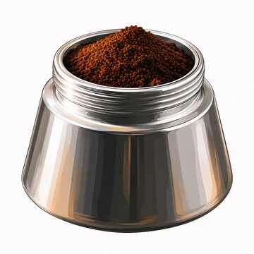 Metallic moka pot lower chamber filled with ground coffee beans coffee grounds coffee maker coffee bean espresso maker metal container