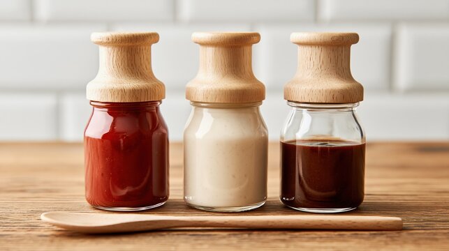 Three Glass Condiment Bottles with Wooden Lids and Spoon on Rustic Table
