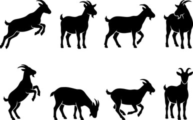 Fototapeta premium A collection of black silhouette goat icons presented as a clean vector illustration set featuring various poses of farm animals