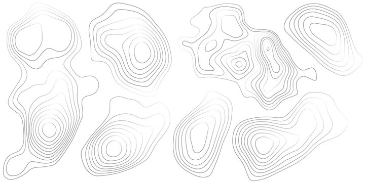 Set of abstract topographic map contour lines shapes with elevation map terrain elements paths isolated shapes abstract design geography icons backgrounds textures topography