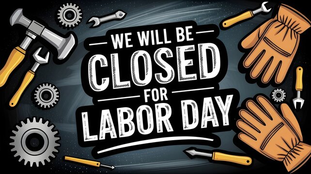 Labor day holiday closure sign with tools and work gloves on a dark chalkboard background, vector illustration for business announcement