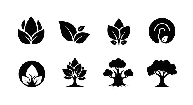 Eight black tree and leaf logos on white background with logos arranged two black silhouettes logo design icon set two rows environment with ecology