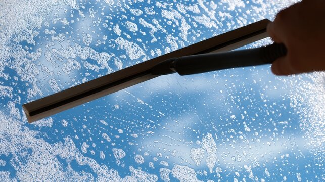 Close up of a squeegee cleaning a soapy window with a blue sky reflection