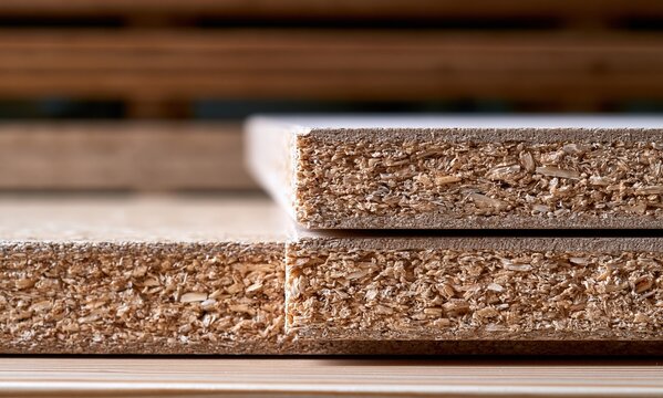 Close-up view of stacked particleboard sheets, showcasing compressed wood fibers and raw material texture