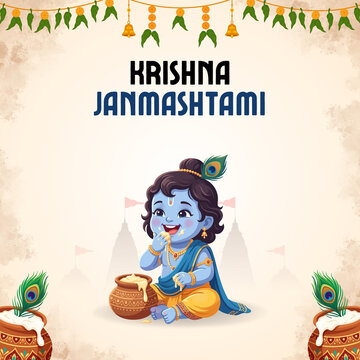 Janmashtami Blue Orange Illustrated Greeting Poster