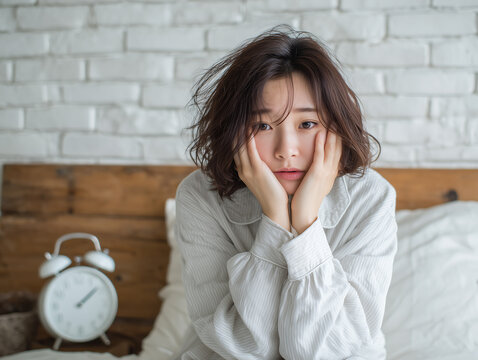 寝起きで顔に手を添え憂鬱そうでだるそうな表情をしているパジャマ姿の日本人女性
