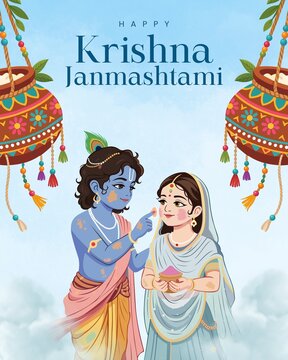 Janmashtami Blue White Illustrative Greeting Poster