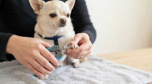 Chihuahua Sitting Calmly While Receiving A Gentle Nail Trimming From A Caring Owner.