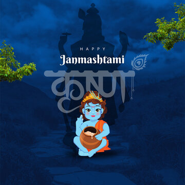 Janmashtami Dark Blue And White Traditional Greeting Poster