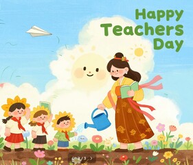 Fototapeta premium Elegant translucent watercolor wash Chinese‑style artwork, red scarf children book watering can paper plane, joyful gratitude festival illustration