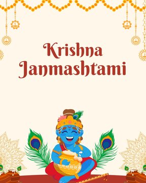 Janmashtami Orange Blue and Green Illustrated Greeting Poster