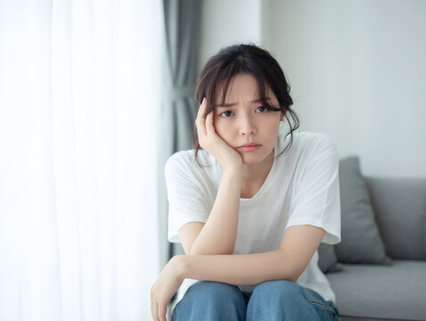 頬杖をついて考え込む表情の若い女性悩み不安心配事を持つライフスタイル画像