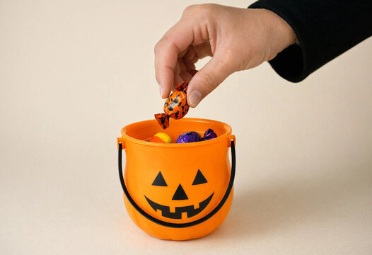 Hand Placing Candy Into A Classic Halloween Pumpkin Bucket Filled With Treats And Sweets.