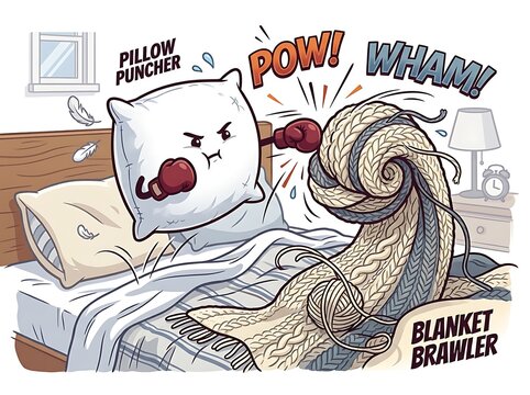 Comic style pillow puncher character fighting blanket brawler, funny bedroom pillow fight illustration, humorous bedding action scene
