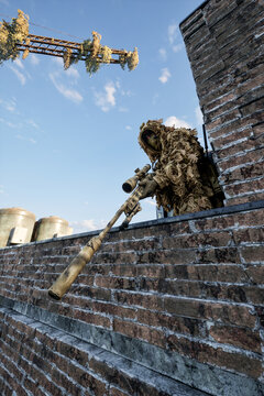 Camouflaged sniper in ghillie suit in ruined warzone building facing enemy soldier, drone and fighter jet, 3D animation