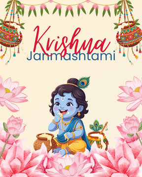Janmashtami Pink Green and Blue Illustrative Greeting Poster