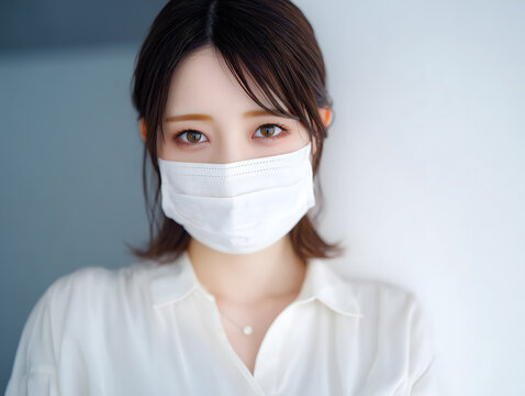 白いワイシャツを着て白い医療用マスクを着用した若い日本人女性