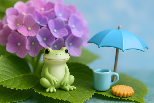 梅雨の季節に紫陽花の葉の上で傘とマグカップを添えてくつろぐかわいいカエルのフィギュア