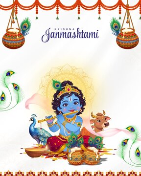 Janmashtami White and Blue Illustrated Greeting Poster