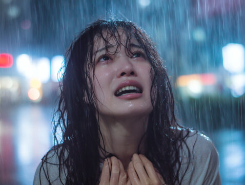土砂降りの雨の中を歩き顔を上に向けて涙と雨で濡れて苦しそうに叫ぶ若い女性