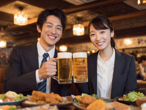 居酒屋でビールのジョッキを手に持って乾杯して満面の笑みを浮かべる男女のビジネスパーソン
