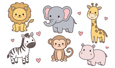Fototapeta premium Cute safari animals cartoon set with jungle wildlife vector illustration isolated background