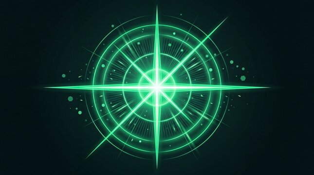 Cybersecurity and data encryption technology concept. Glowing neon green digital shield with binary code and concentric circles on black background