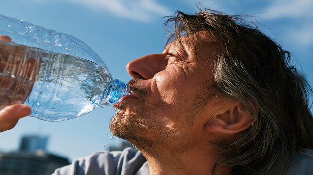 Close-up of a man drinking water from a clear plastic bottle outdoors under a bright blue sky