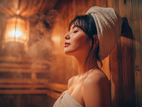 タオルを巻き目を閉じて蒸気に包まれながら温かいサウナでリラックスする美しい女性の横顔