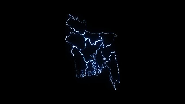 Glowing neon map of bangladesh with administrative division borders, digital technology concept, futuristic outline animation on black background