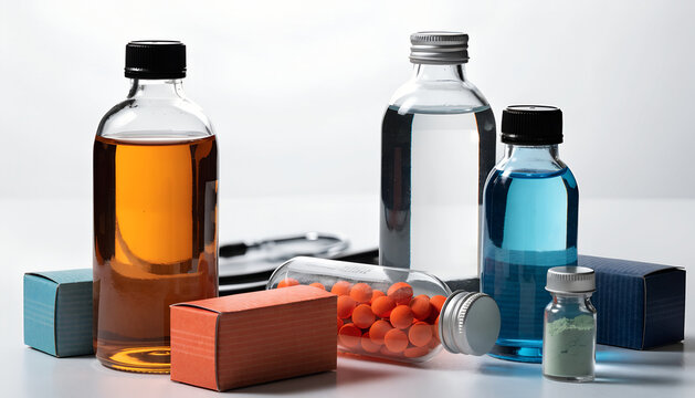 Pharmaceutical Bottles And Medicine Packs Artfully Displayed On A Table