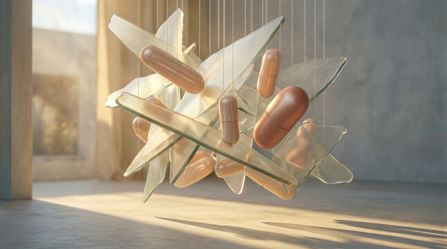 Abstract sculptural installation featuring frosted glass planes and smooth pill shaped capsules suspended in a bright minimalist interior space