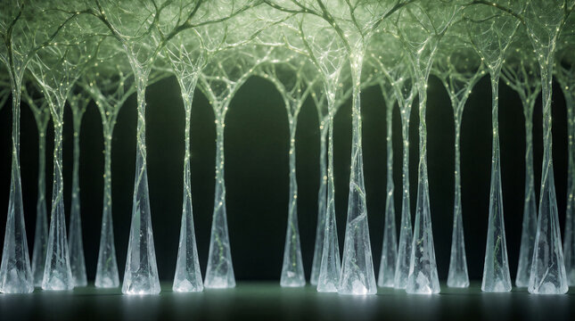 Transparent crystal spires of varying heights stand in a dark void with connected glowing tips
