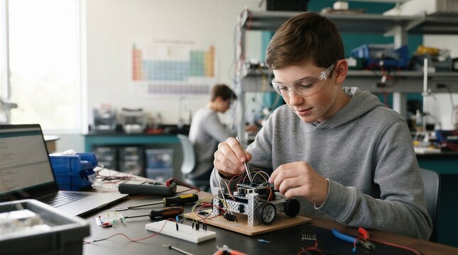 Focused Teen Working On Robotics Project In Educational Environment With Tools