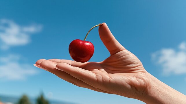 Hand holding a single ripe cherry against a vibrant blue sky with fluffy clouds
