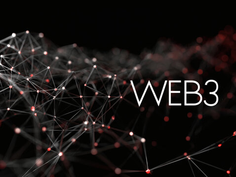 黒背景にWEB3の文字と点と線で構成された分散型ネットワークの抽象的なビジュアル