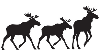 Fototapeta premium Black and White Silhouette Moose Family Illustration - Minimalist Deer Antler Vector Art for Nature Designs, Logos, and Branding