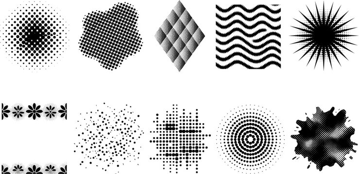 Collection of black and white halftone patterns waves splatters abstract graphic