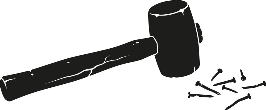 Heavy construction mallet hammer and scattered metal nails silhouette vector