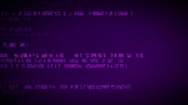 Retro Computer Boot Log and Scrolling Glitch Digital Code on Purple Screen Background